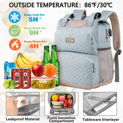 Mogplof Lunch Backpack for Women, 15.6 Inch Laptop Backpack with USB Port RFID Pocket, College Laptop Bookbag Work Travel Backpacks, Insulated Cooler Lunch Bag Gift for Business, Light Blue
