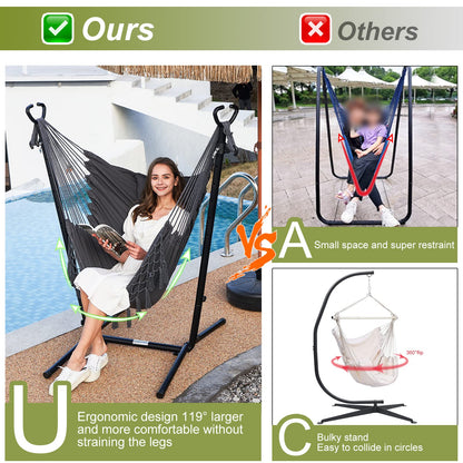 Hammock with Stand Phone Holder Included Double Hanging Chair Macrame Boho Handmade Adjustable Swing Indoor Outdoor Patio Yard Garden Porch 400lbs Capacity (2022 Grey)