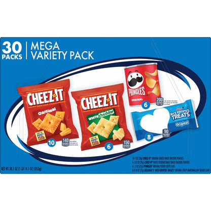 Kellogg's Cheez-It, Pringles & Rice Krispies Treats Snacks Mega Variety Pack, 30.1oz Box (30 Count)