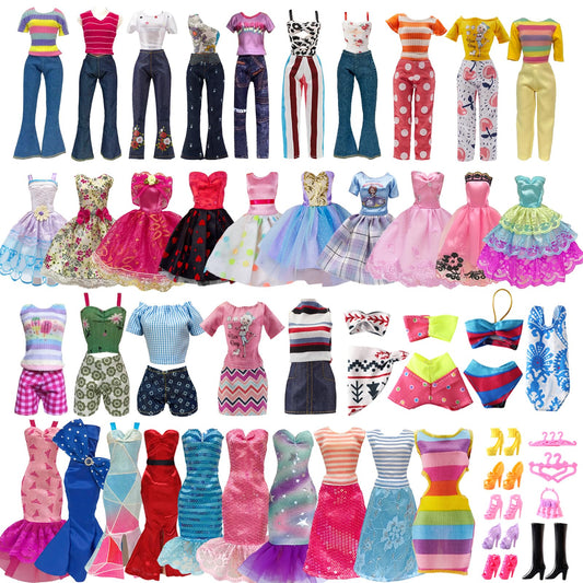 30 Pieces Doll Clothes and Accessories for 11.5 Inch Girl Dolls Including Random 5 Tops, 5 Pants, Random 3 Dresses, Random 3 Fashionable Dresses, Random 2 Swimwear, 6 Pairs of Shoes, 1 Bag, 5 Hangers