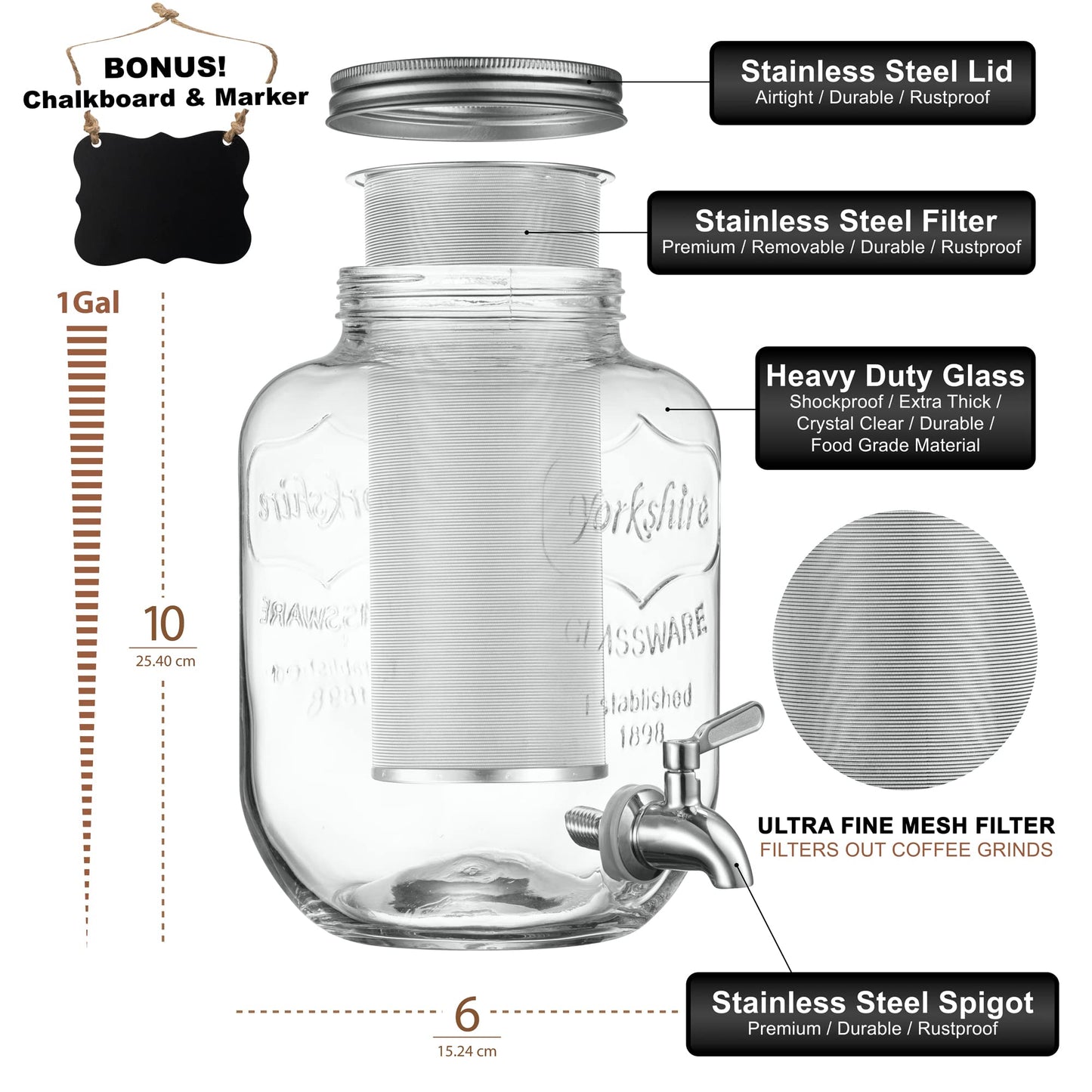 1 Gallon Cold Brew Coffee Maker - 3rd Generation Fine Mesh Filter - Stainless Steel Spigot - Extra Thick Large Glass Mason Jar Drink Dispenser Carafe, Iced Coffee Maker & Sun Tea Pitcher with Infuser.