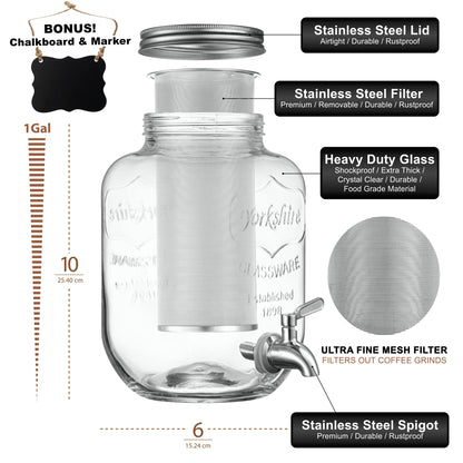 1 Gallon Cold Brew Coffee Maker - 3rd Generation Fine Mesh Filter - Stainless Steel Spigot - Extra Thick Large Glass Mason Jar Drink Dispenser Carafe, Iced Coffee Maker & Sun Tea Pitcher with Infuser.