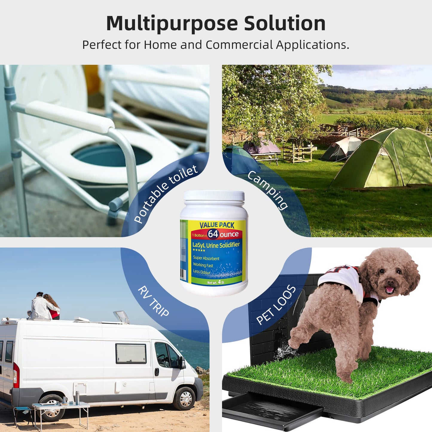 LaSyL Super Absorbent Powder - 200 Use, Solidify Body Fluids in 1 Min - Easy to Port Waste Liquid - for Camping Portable Toilet, Bedside Commodes, Pet Toilet etc-4LB