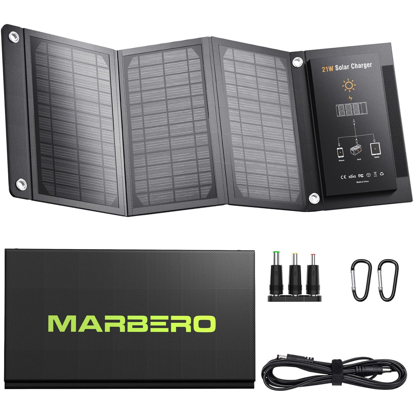 MARBERO 21W Portable Solar Panel Foldable Solar Panel Charger IP65 Waterproof Solar Panels 23% High Efficiency Fast Charger USB Ports & DC 18V Output for Camping Outdoor Travel Emergency Cloudy