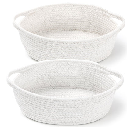 2 Pack Small Woven Basket with Gift Bags and Ribbons, Empty Decorative Gift Chest Box, Cute Baby Gift Basket for Nursery, Cotton Rope Room Shelf Storage Basket with Handles, All 12"x 8"x 5",White