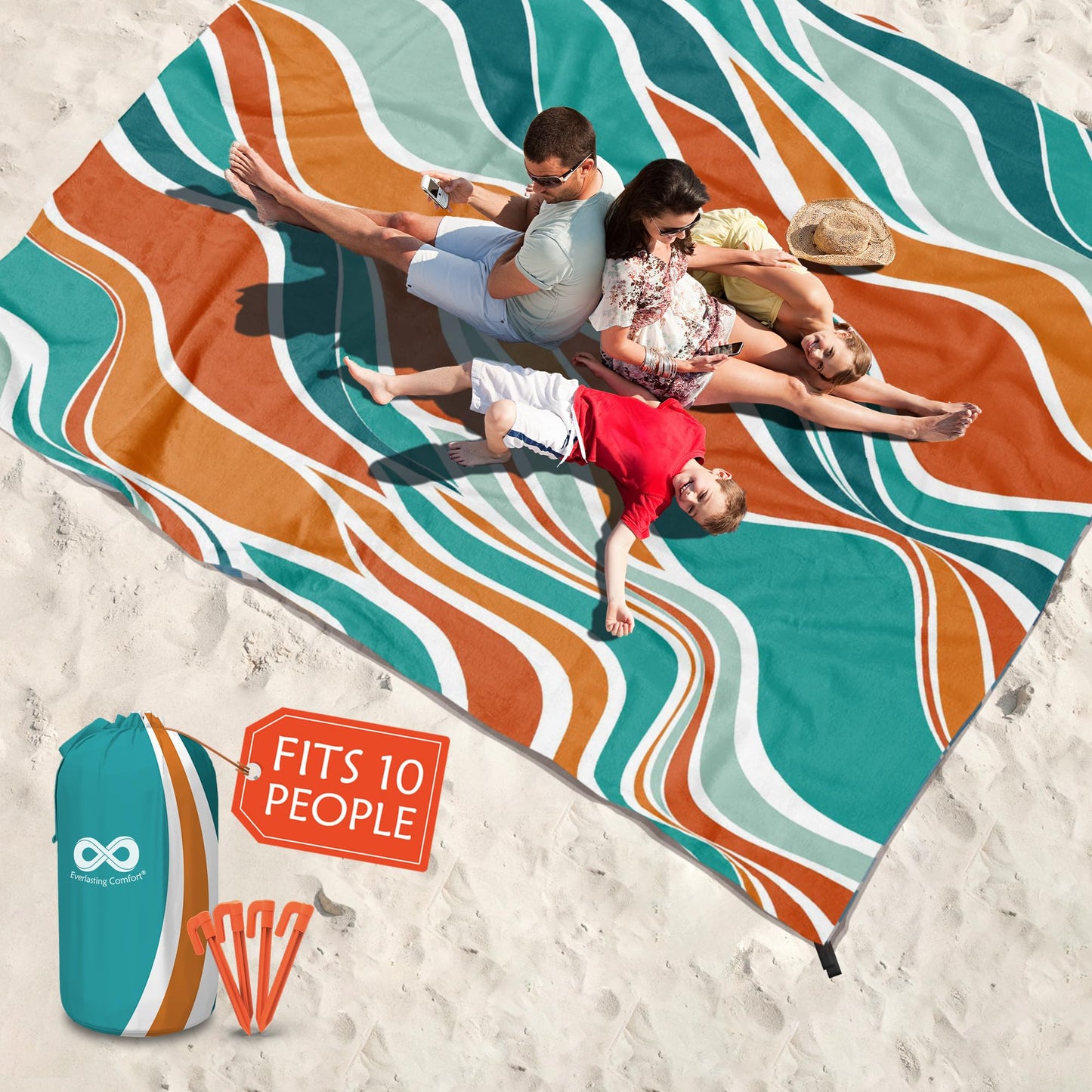 Everlasting Comfort Extra Large Beach Blanket Waterproof & Sandproof - 128" x 108"/10.7ft x 9ft - Lightweight Beach Mat, Picnic Mat, Camping Blanket for 10 People - Ideal for Festivals - Orange