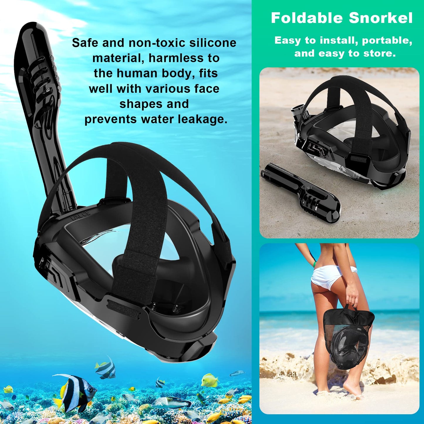 Zeeporte Dive Full Face Snorkel Mask, Snorkeling Gear for Adults Kids with Latest Dry Top Breathing System and Detachable Camera Mount, Foldable Mask with 180 Degree Panoramic View, Anti Leak&Fog