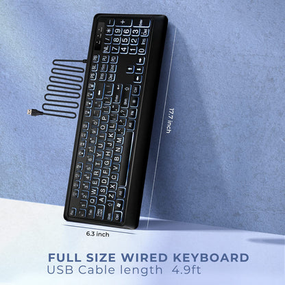 KOPJIPPOM Large Print Backlit Keyboard, USB Wired Computer Keyboard, Full Size Keyboard with White Illuminated LED Compatible for Windows Desktop, Laptop, PC, Gaming, Black