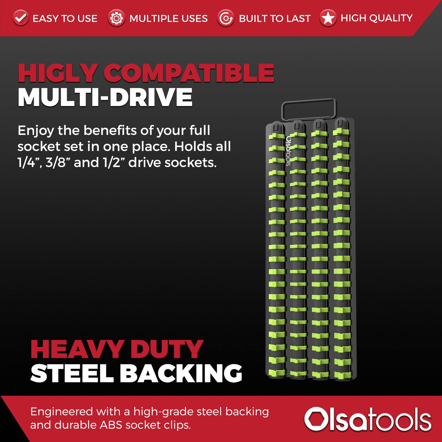 Olsa Tools Portable Socket Organizer Tray | Black Rails with Green Clips | Holds 80 Sockets | Professional Quality Socket Holder