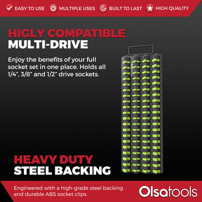 Olsa Tools Portable Socket Organizer Tray | Black Rails with Green Clips | Holds 80 Sockets | Professional Quality Socket Holder