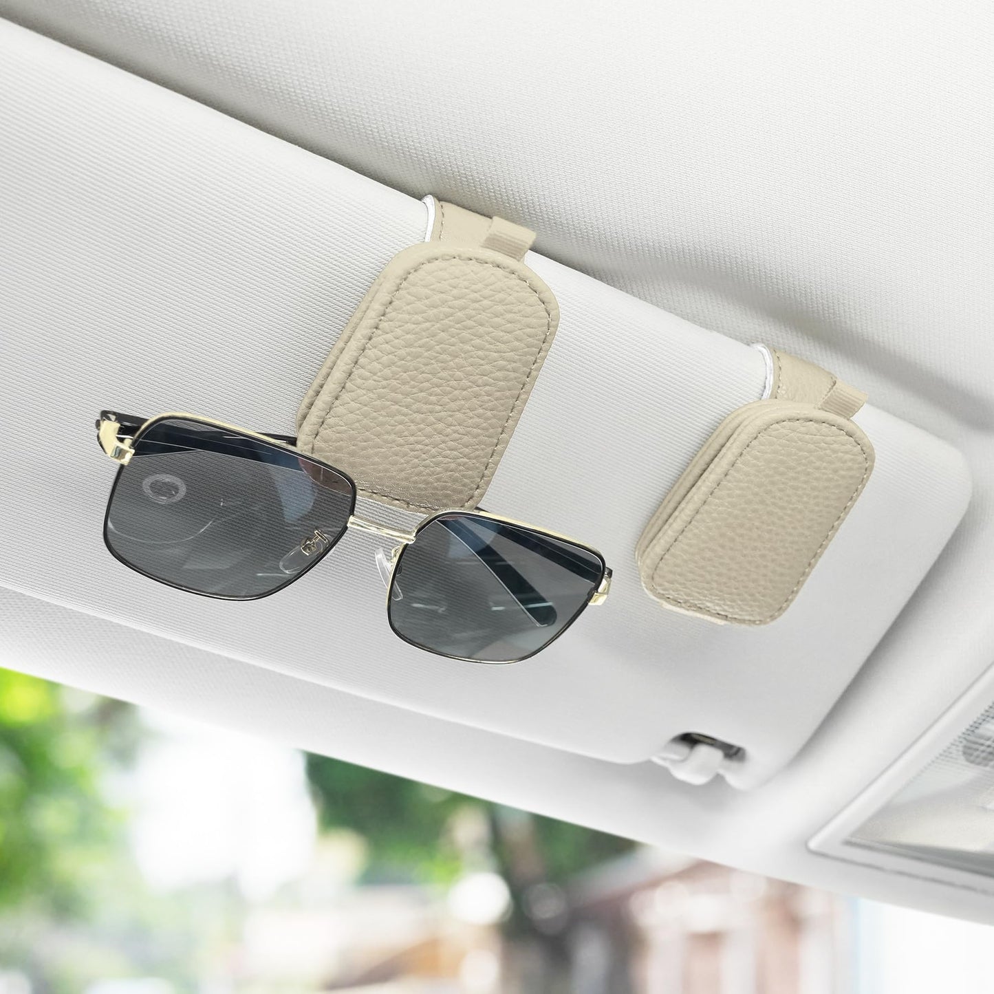 SINGARO Sunglasses Holder for Car, Leather Magnetic Buckle Sun Visor Sunglass Clip, Ticket Card Storage Glasses Clip, Car Interior Accessories for Men and Women（2PCS Beige）