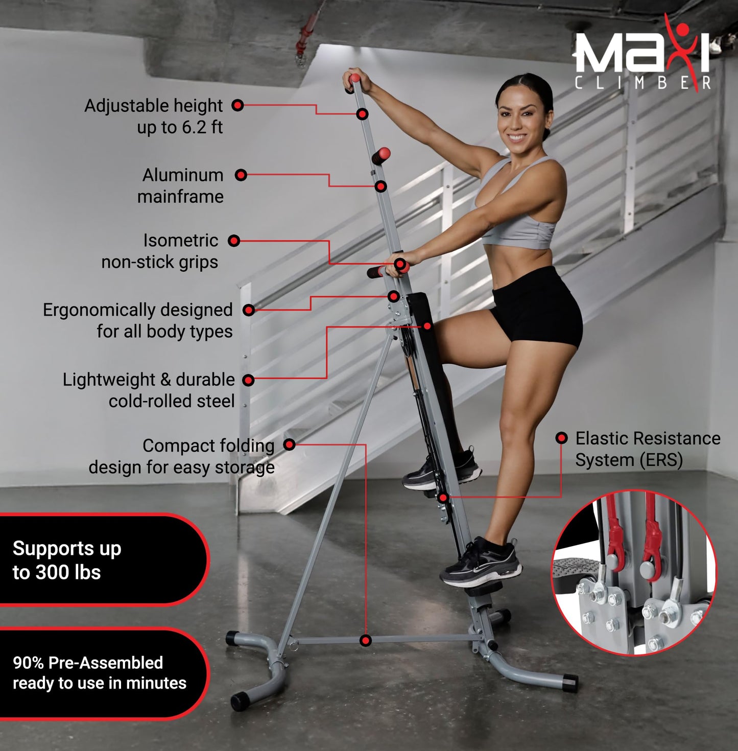 MaxiClimber 2.0 Vertical Climber Exercise Machine w/ Elastic Resistance System - Foldable Home Gym Fitness Equipment for Full Body Cardio & Strength Training Workouts, Adjustable Height