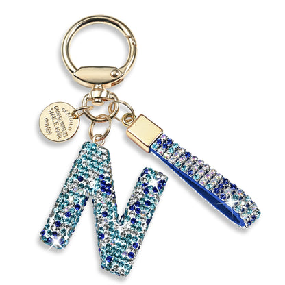 Pink Blue White Initial Letter Keychain Gift for Women Girls Bling Sparkly Cute Backpack Car Key Accessories Lanyard (N-blue)