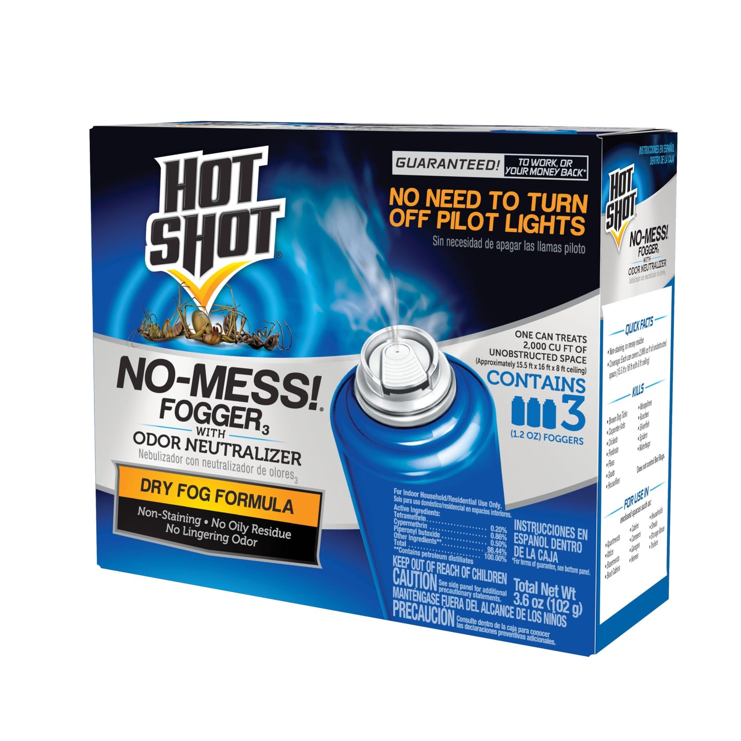 Hot Shot No-Mess! Fogger With Odor Neutralizer 3 Count-1.2 Ounce Cans, Kills Hidden Bugs, No Need To Turn Off Pilot Lights