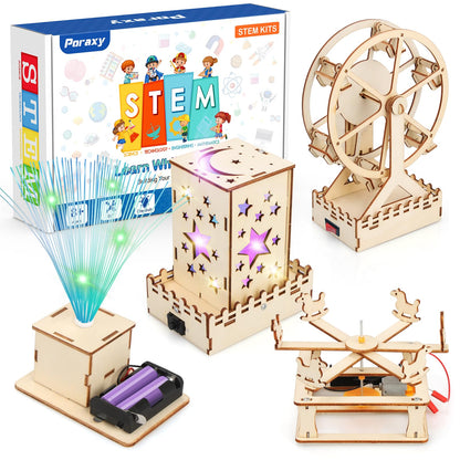 Poraxy 4 in 1 STEM Kits for Kids Age 8-10, Science STEM Projects for Kids 8-12, 3D Puzzles, Educational Craft Building Toys 8-13, Christmas Birthday Gifts for Girls Boys 6 7 8 9 10 11 12 13 Year Old