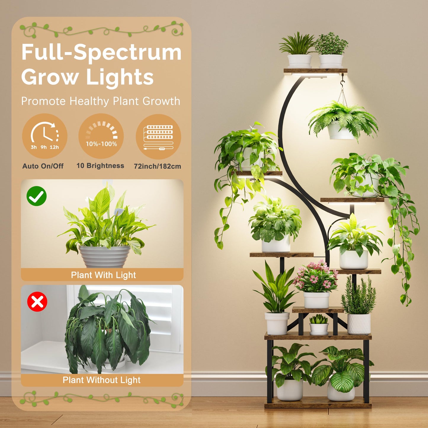 Plant Stand Indoor with Grow Lights - 62" Tall Plant Shelf, Lighted Corner Plant Stands for Indoor Growing, 8 Tiered Large Flower Holder, S-Shaped Decorative Rack for Living Room, Black, Patent Design