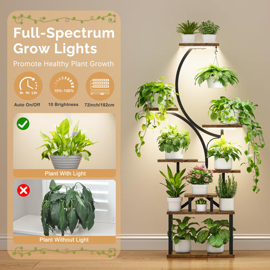 Plant Stand Indoor with Grow Lights - 62" Tall Plant Shelf, Lighted Corner Plant Stands for Indoor Growing, 8 Tiered Large Flower Holder, S-Shaped Decorative Rack for Living Room, Black, Patent Design