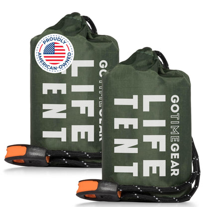 Go Time Gear Emergency Tube Tent Life Tent 2-Person Mylar - Green 2-Pack - Reflects Body Heat & Waterproof Emergency Shelter - Includes Whistle & 550lb Paracord - Survival & Camping Gear