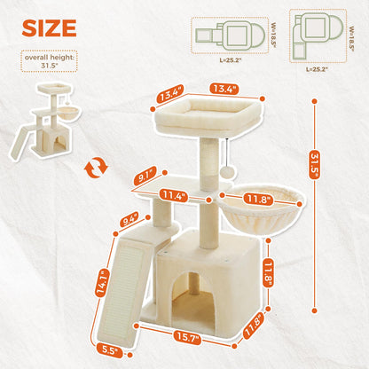 PETEPELA Small Cat Tree for Indoor Cats, 32'' Cute Cat Tower Cat Condo with Sisal Scratching Ramp, Cozy Hammock and Removable Top Bed Perch for Kittens, Beige