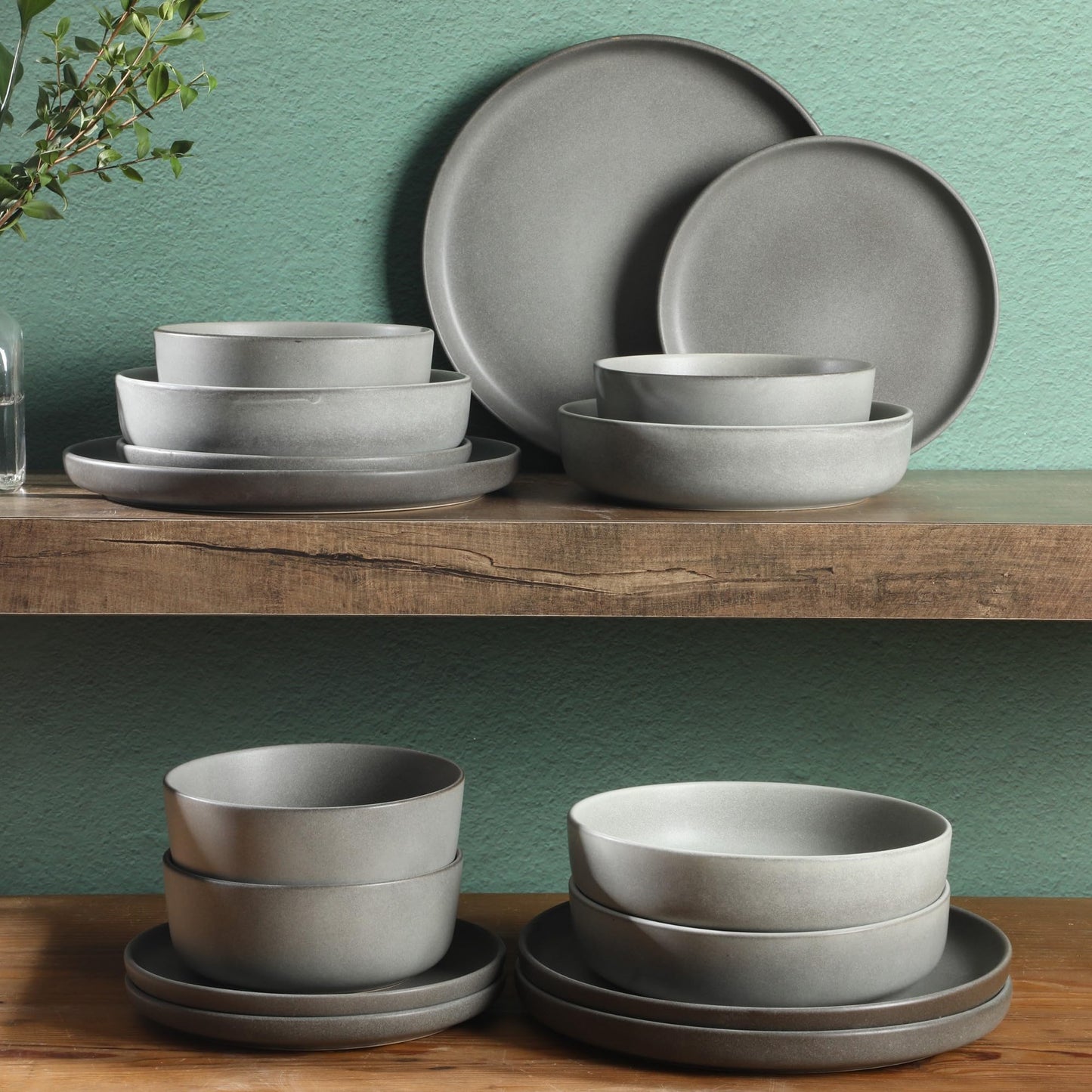 Gibson Elite Pasco 16 Piece (Service for 4) Plates and Bowls Double Bowl Reactive Glaze Dishes Stoneware Ceramic Dinnerware Set - Grey