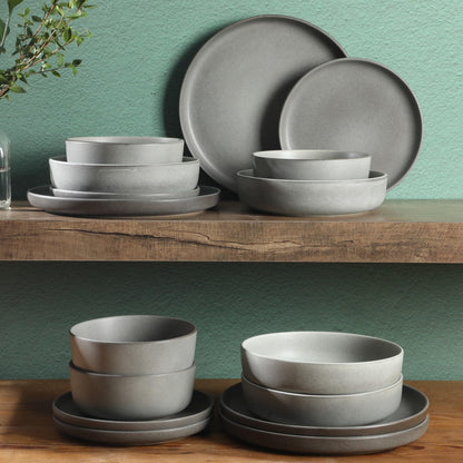 Gibson Elite Pasco 16 Piece (Service for 4) Plates and Bowls Double Bowl Reactive Glaze Dishes Stoneware Ceramic Dinnerware Set - Grey