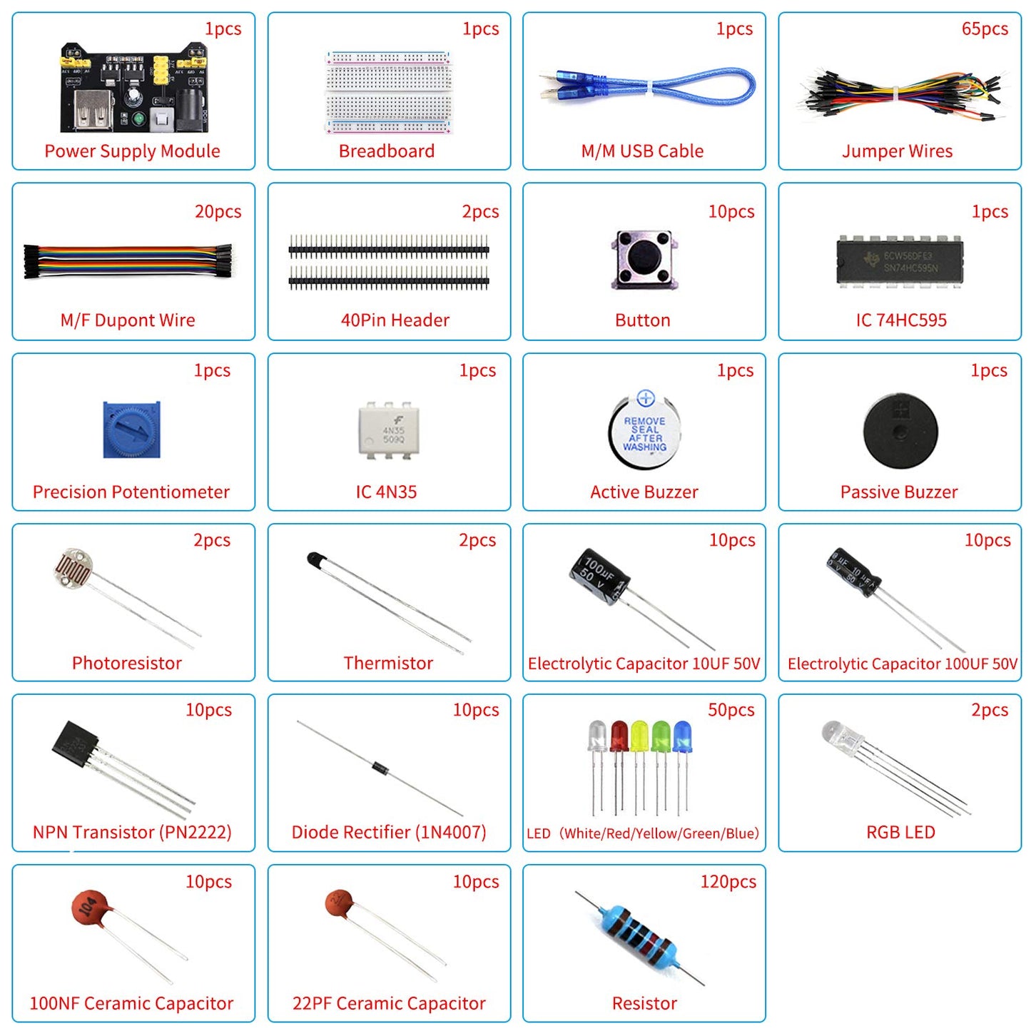 REXQualis Electronics Basic Kit w/Power Supply Module, Breadboard, Jumper Wire, LED,Resistor, comes with more than 300pcs sensors and components for fun and simple electronic projects.