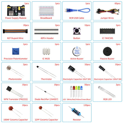 REXQualis Electronics Basic Kit w/Power Supply Module, Breadboard, Jumper Wire, LED,Resistor, comes with more than 300pcs sensors and components for fun and simple electronic projects.