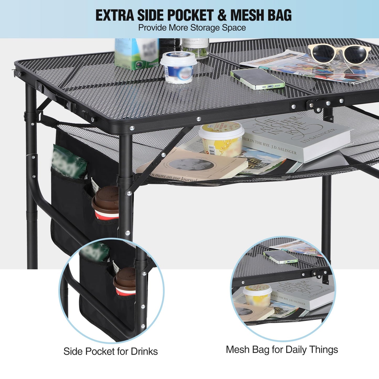 RedSwing Folding Grill Table,Aluminum Portable Grill Stand Table for Outdoor Camping Picnic BBQ Lightweight, Adjustable Height, 36''x24''x16/28'', Black