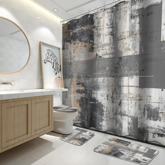 Lnond 4Pcs Bathroom Shower Curtain Sets with Rugs,Black and Grey Painting Art Bathroom Sets with Shower Curtain and Rugs and Accessories
