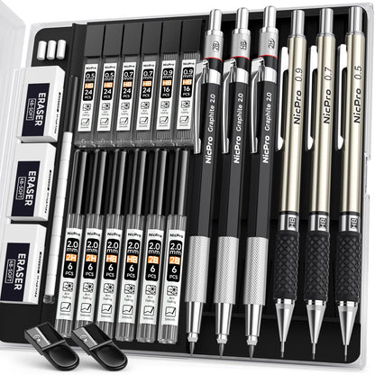 Nicpro 6PCS Art Mechanical Pencil Set, 3PCS Metal Drafting Pencil 0.5 mm & 0.7 mm & 0.9 mm & 3PCS 2mm Graphite Lead Holder (2B HB 2H) For Writing, Sketching Drawing With Lead Refills Case