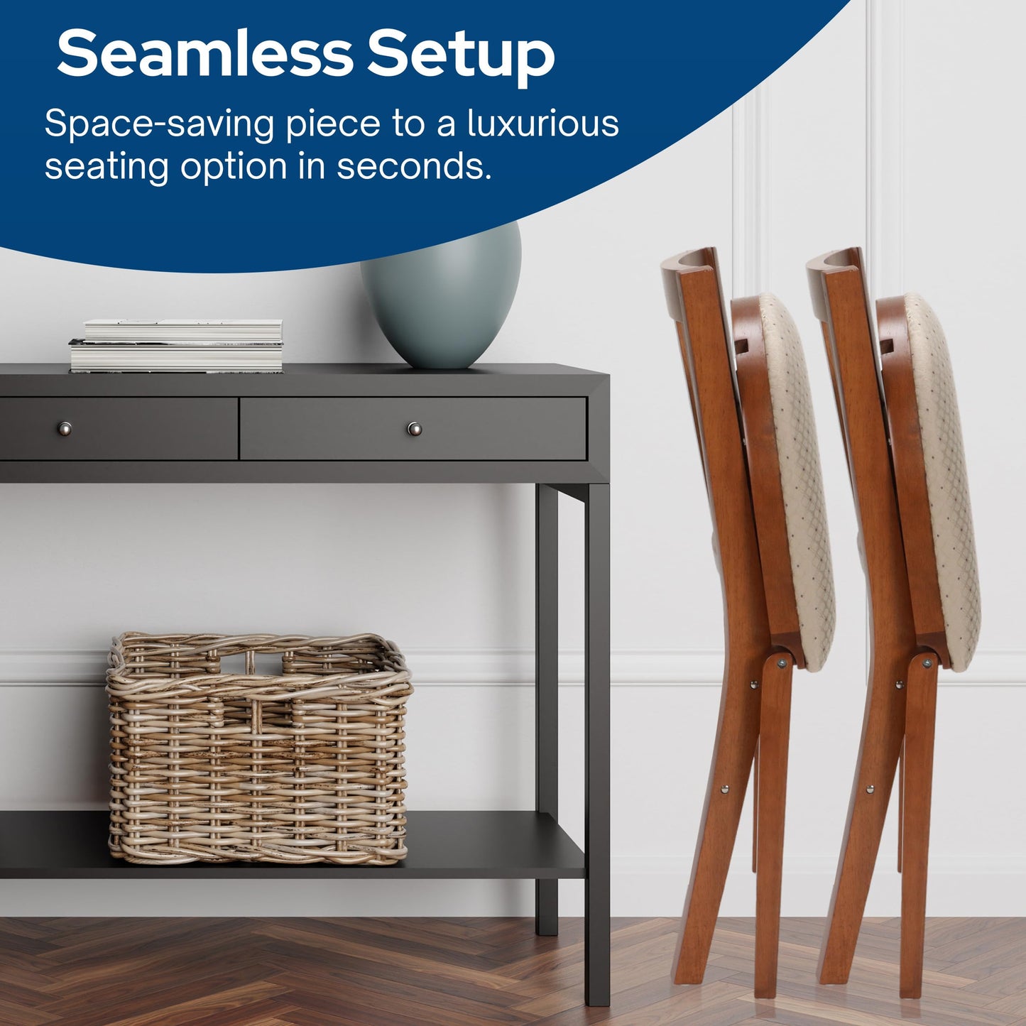 MECO Stakmore School House Wooden Folding Chairs with Padded Seats, Set of 2 - No Assembly Foldable Dining Chairs, Steel Folding Mechanism, Upholstered Cushion, Space-Saving, Fruitwood Frame