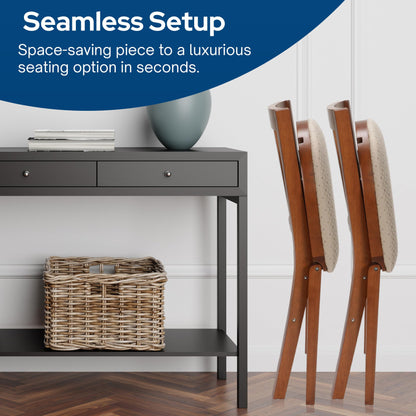 MECO Stakmore School House Wooden Folding Chairs with Padded Seats, Set of 2 - No Assembly Foldable Dining Chairs, Steel Folding Mechanism, Upholstered Cushion, Space-Saving, Fruitwood Frame