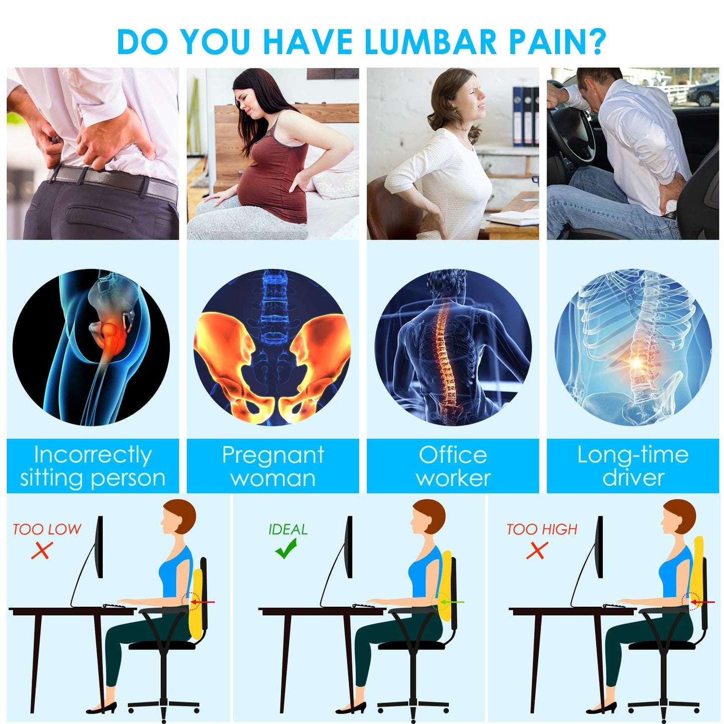 Lumbar Support Pillow for Office Chair Car Back Support Pillow, Memory Foam Gaming Chair Desk Chair Back Cushion for Lower Back Pain Relief, Ergonomic Back Rest with Double Adjustable Straps