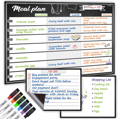 JJPRO Magnetic Dry Erase Meal Planning Whiteboard for Refrigerator-One 14.5x11 Weekly Menu Board and Two Notes Whiteboard for Kitchen Fridge-Refrigerator Organizer with Meal Planner Boards