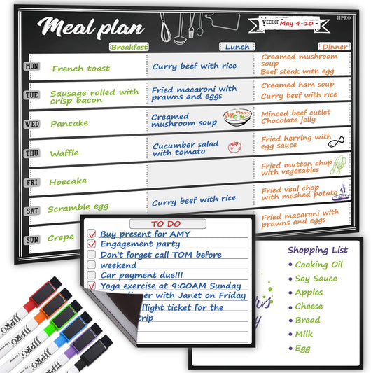 JJPRO Magnetic Dry Erase Meal Planning Whiteboard for Refrigerator-One 14.5x11 Weekly Menu Board and Two Notes Whiteboard for Kitchen Fridge-Refrigerator Organizer with Meal Planner Boards