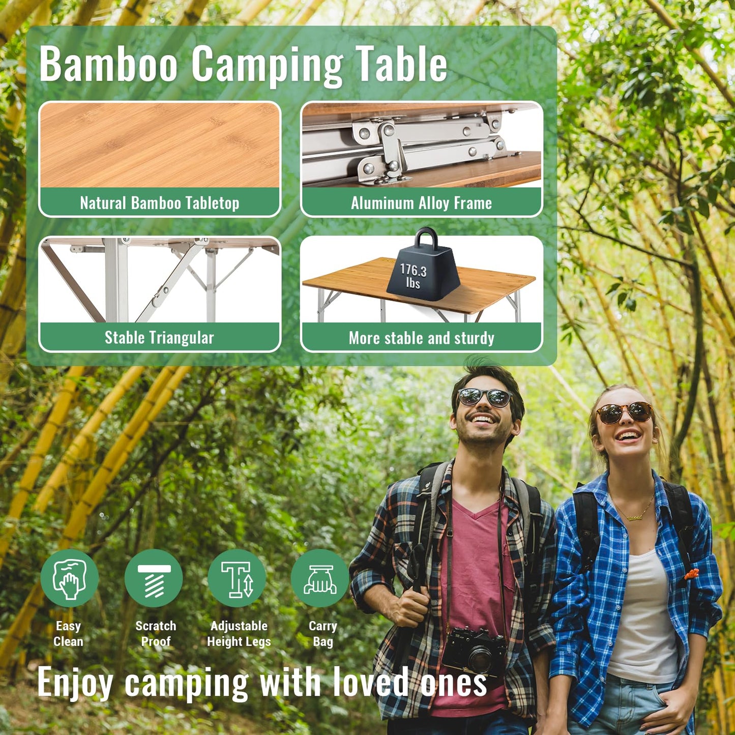 KingCamp Adjustable Height Folding Table, 4-Fold Bamboo Camping Outdoor Portable RV Camp Table with Carry Bag for Outdoor Car Backyard Picnic Tailgating Beach