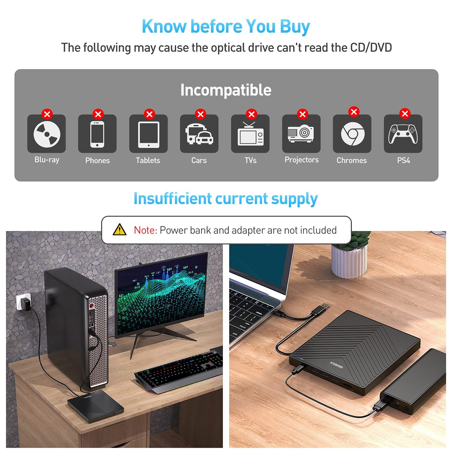 ORIGBELIE External CD DVD Drive, Ultra Slim CD Burner USB 3.0 with 4 USB Ports and 2 TF/SD Card Slots, Optical Disk Drive for Laptop Mac, PC Windows 11/10/8/7 Linux OS