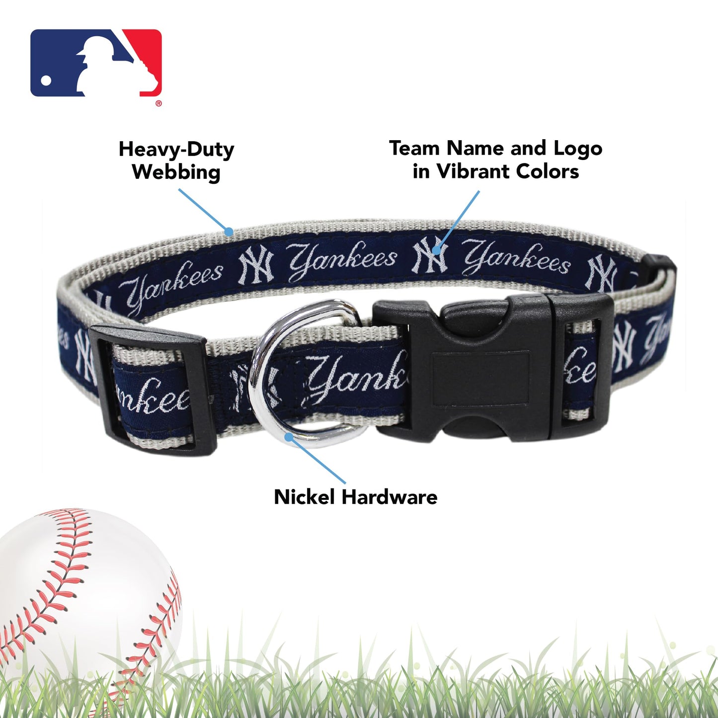 MLB New York Yankees Licensed PET COLLAR- Heavy-Duty, Strong, and Durable Dog Collar. Available in 29 Baseball Teams and 4 Sizes