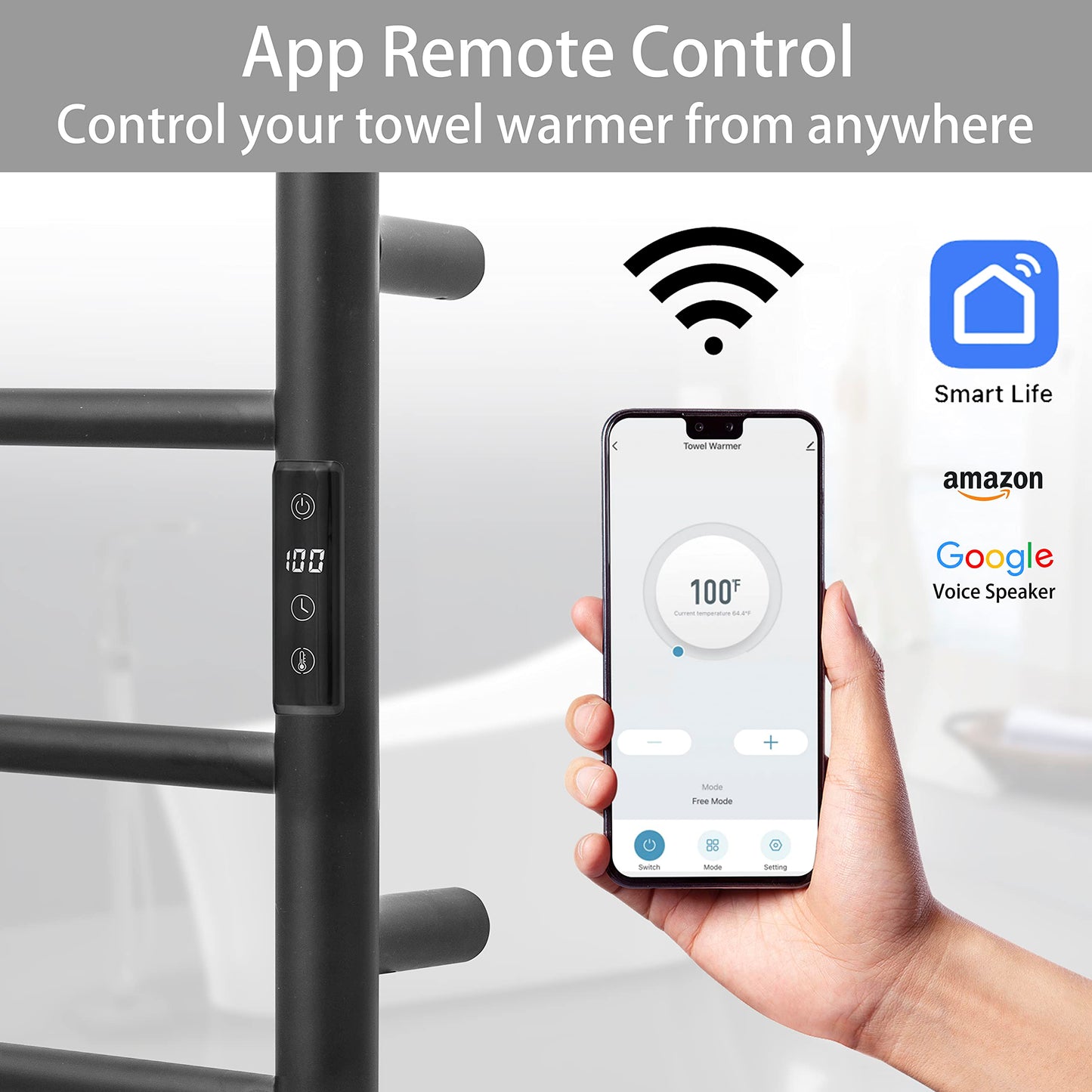 KEG Smart WiFi Towel Warmer Wall Mounted with Built-in Timer and Temperature Adjust Control, 4 Bars Electric Stainless Steel Heated Towel Racks for Bathroom Matte Black