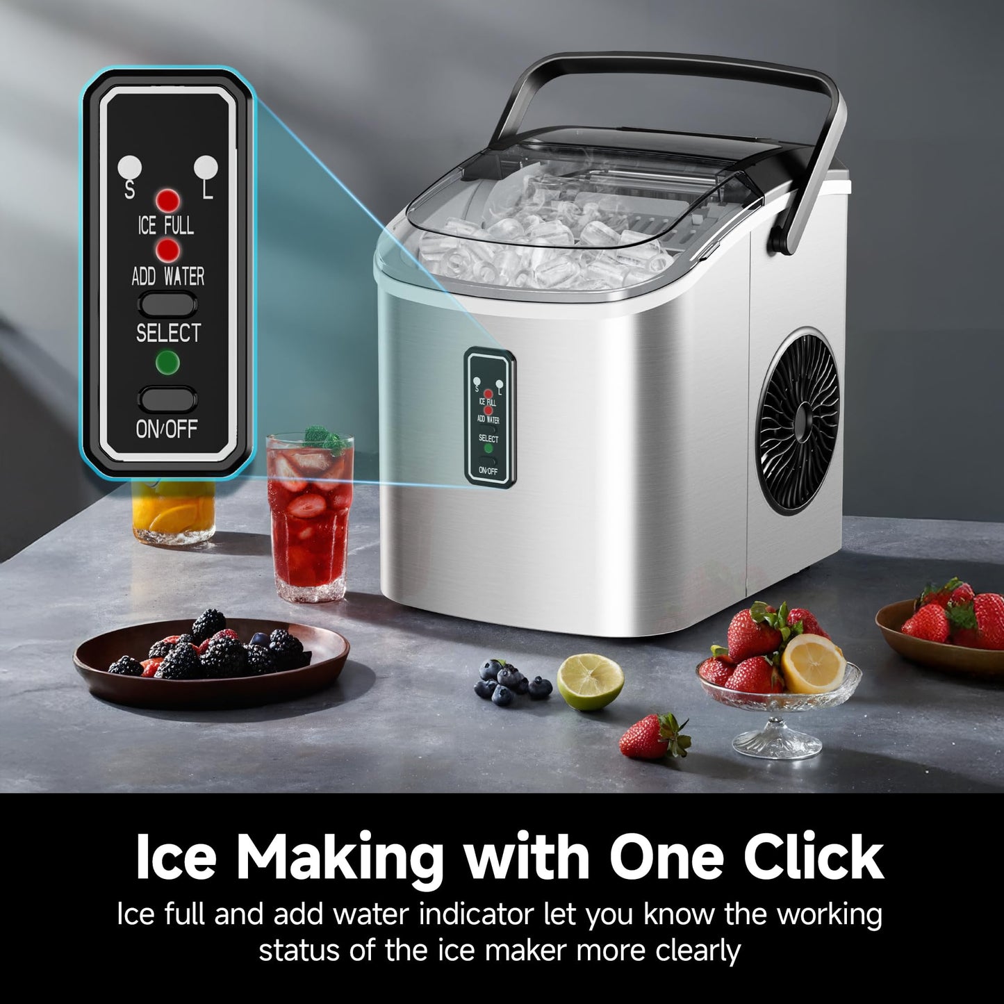 EUHOMY Ice Maker Countertop, 9 Cubes Ready in 6 Mins, 26lbs/24H, Self-Cleaning, Portable Ice Maker Machine with Carry Handle, Basket and Scoop, 2 Sizes of Bullet Ice for Home, Kitchen, Office