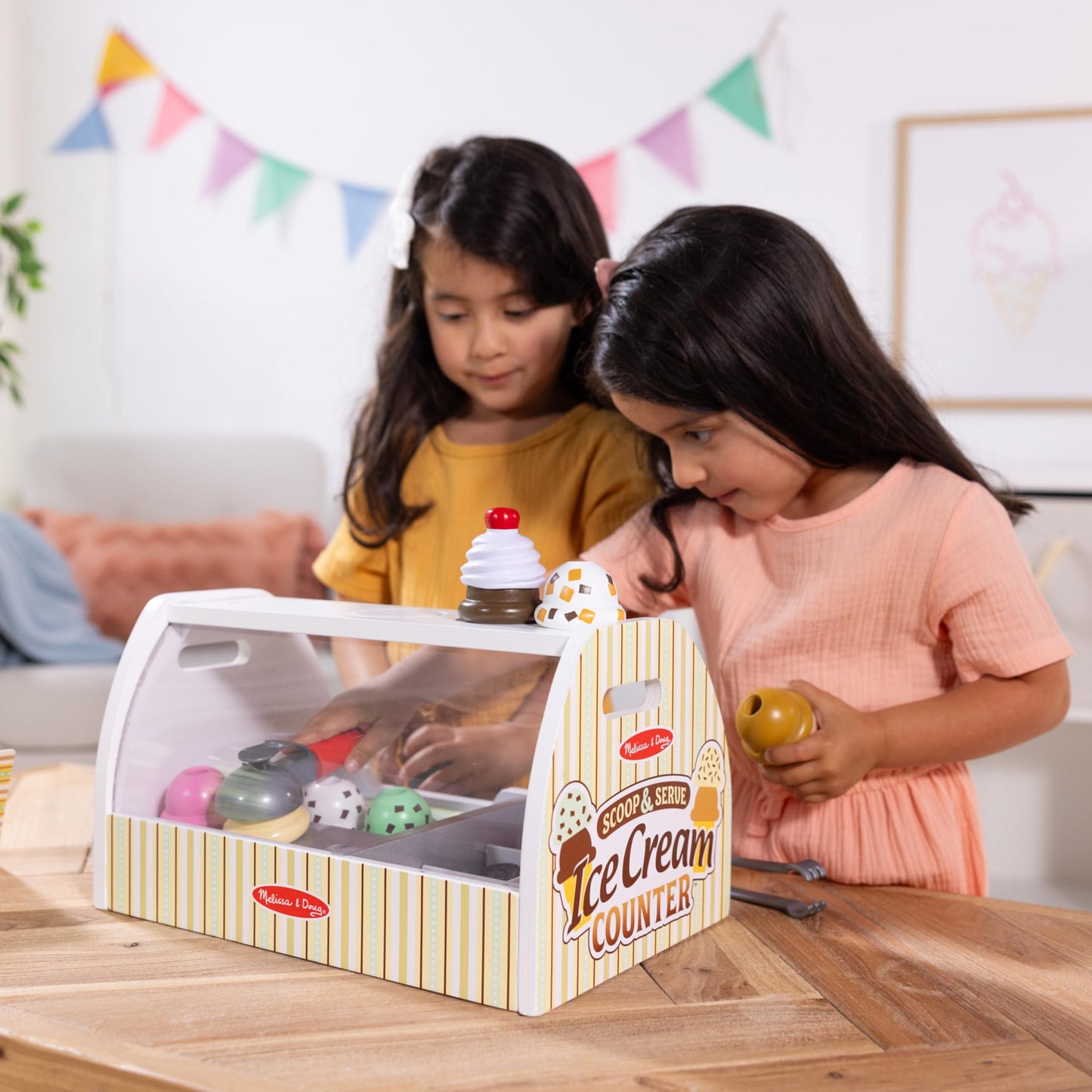 Melissa & Doug Wooden Scoop & Serve Ice Cream Counter, Pretend Play Store, 28 Toy Food & Play Kitchen Accessories, Preschool Toys for Girls & Boys 3+