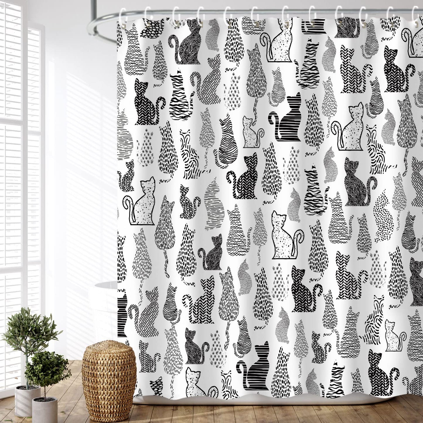 LIVILAN Cat Shower Curtain for Bathroom Cute Shower Curtain with 12 Hooks Kitten Animal Decorative Black and White Fabric Bath Curtain Gift for Cat Lovers Kids and Girls Machine Washable (72"W X 72"H)