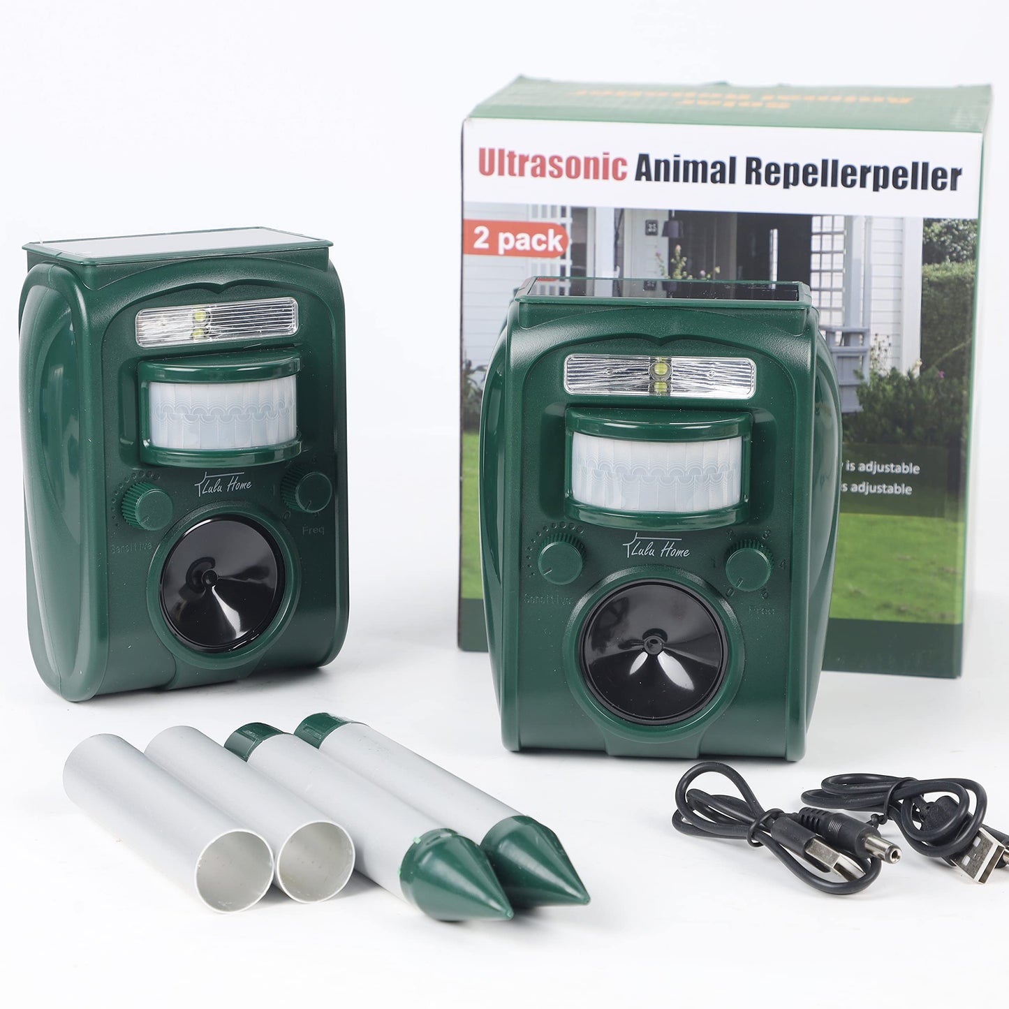 Lulu Home 2 Packs Ultrasonic Animal Repeller, Weatherproof Solar Powered Rodent Repeller with Motion Activated Flashing LED Light, Repel Dogs, Cat, Squirrels, Raccoon, Rabbit, Fox & More