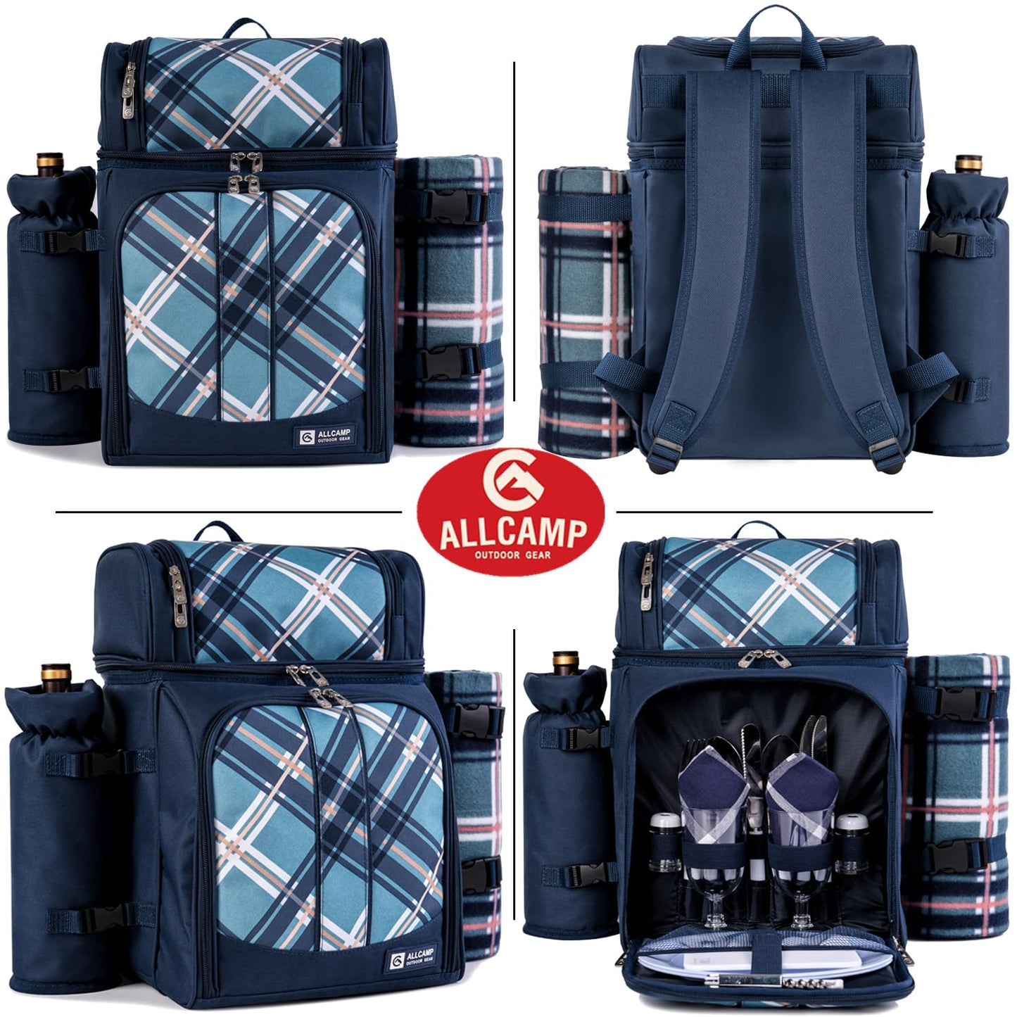 ALLCAMP Picnic Basket Backpack Cooler for 2 Person with 2 Insulated Cooler Compartment,Detachable Bottle/Wine Holder, Fleece Blanket, Plates and Cutlery for Family,Couple and Friend Gatherings (Blue)