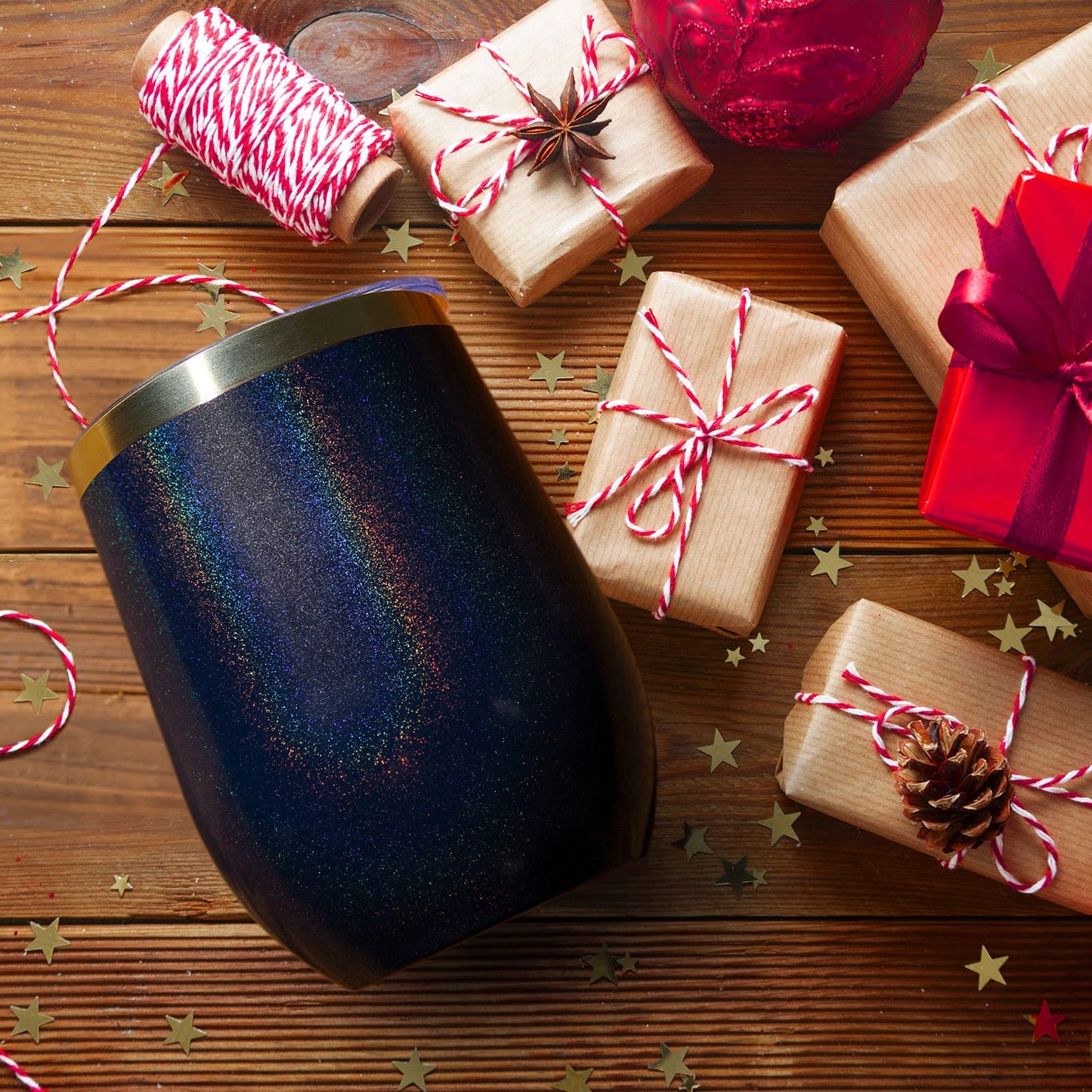 MEWAY 12oz/4 Pack Wine Tumbler Glasses with Lid - Stemless Double Wall Vacuum Stainless Steel Glitter Tumbler - Keeping Cold & Hot Cup for Coffee,for Women(Rainbow Navy,Set of 4)