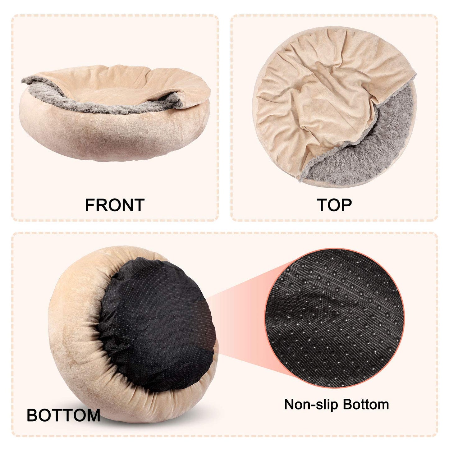 GASUR Small Dog & Cat Bed, 23'' Donut Pet Bed Mat with Hooded Blanket, Anti-Anxiety Burrow Cave Bed, Cozy Puppy Bed, Machine Washable, for Indoor Pets up to 20lbs