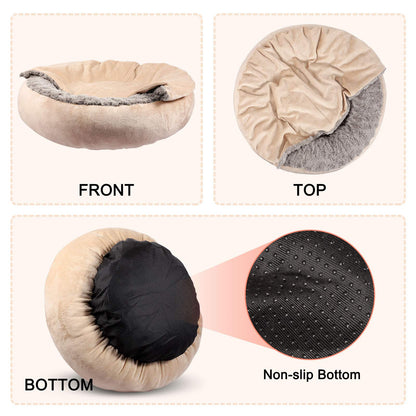 GASUR Small Dog & Cat Bed, 23'' Donut Pet Bed Mat with Hooded Blanket, Anti-Anxiety Burrow Cave Bed, Cozy Puppy Bed, Machine Washable, for Indoor Pets up to 20lbs