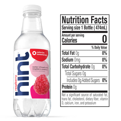 Hint Fruit-Infused Bottled Water, Raspberry - Sugar Free Flavored Water with Zero Calories, Naturally Flavored, and No Artificial Sweeteners - 16 Fl Oz (Pack of 12)