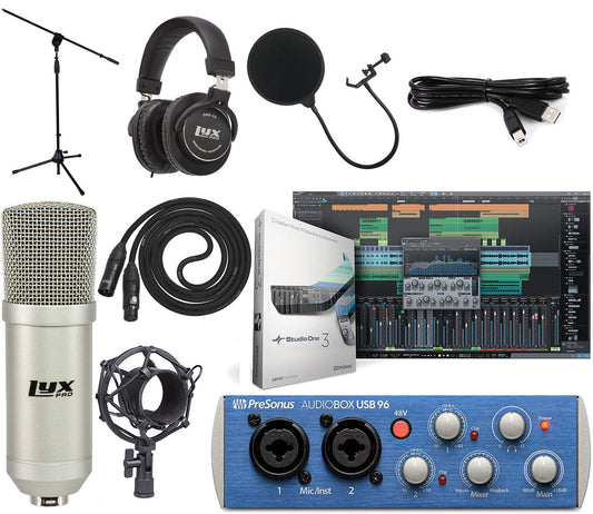 PreSonus AudioBox 96 USB 2×2 Interface Recording Bundle with LyxPro Cardioid Condenser Mic, HAS‑10 Headphones, Pop Filter, Shockmount, Stand, XLR Cable & Studio One Artist Software Kit