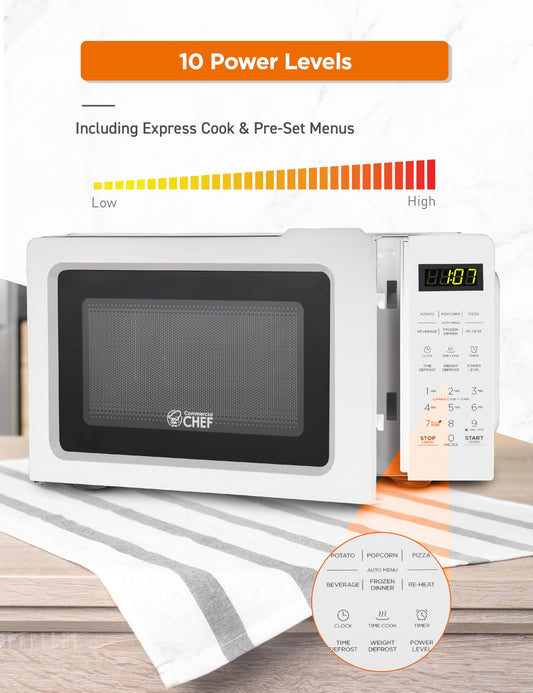 OMMERCIAL CHEF 0.7 Cubic Foot Microwave with 10 Power Levels, Small Microwave with Pull Handle, 700W Countertop up to 99 Minute Timer and Digital Display, White